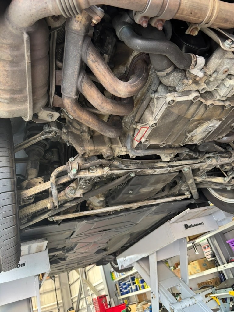 Engine number location on M96 engine oil pan, view 1